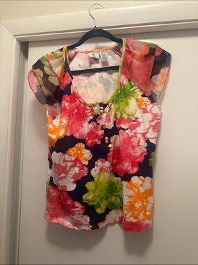Caribbean Joe Floral Scoop Neck Cap Sleeve Top - Navy, Pink, Green, Orange